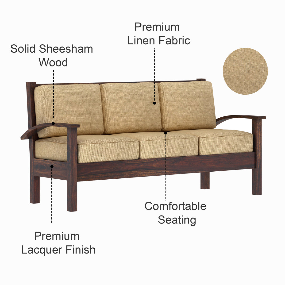 DELTA Solid Sheesham Wood 3 Seater Sofa - 3 Year Warranty (LUXE EDITION)