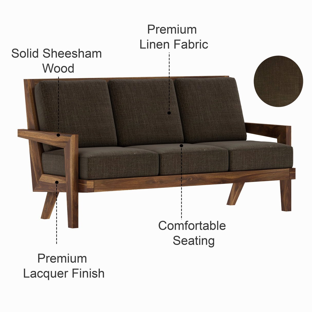 AURA Solid Sheesham Wood 3 Seater Sofa - 3 Year Warranty (LUXE EDITION)
