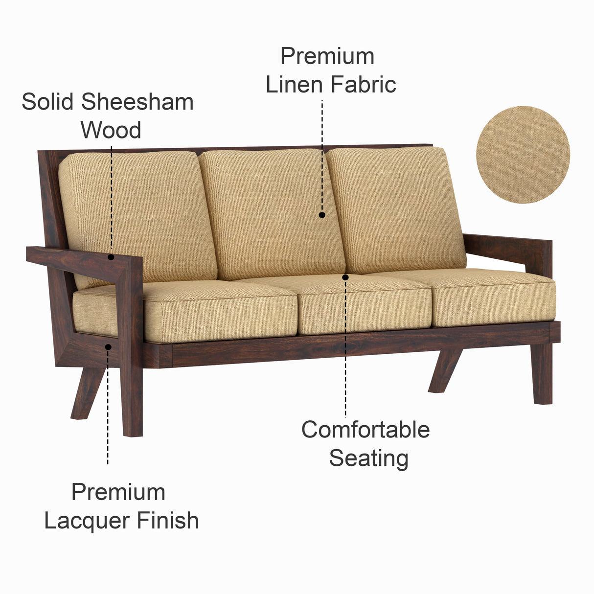 AURA Solid Sheesham Wood 3 Seater Sofa - 3 Year Warranty (LUXE EDITION)