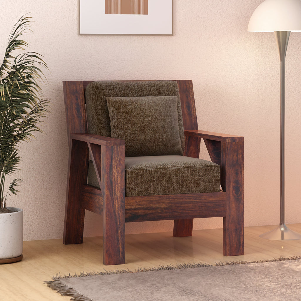 CIZAR Solid Sheesham Wood Single Seater Sofa - 3 Year Warranty (LUXE EDITION)