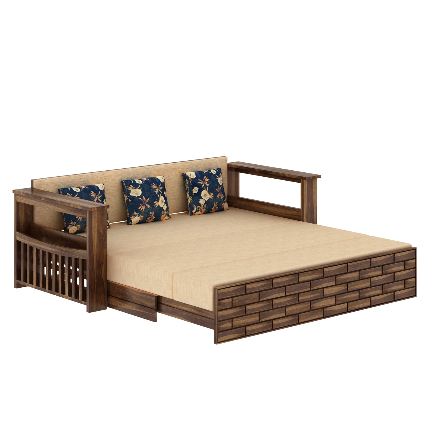 Italian Solid Sheesham Wood 3 Seater Sofa Cum Bed With Side Pockets and Fabric at Back- 3 years Warranty