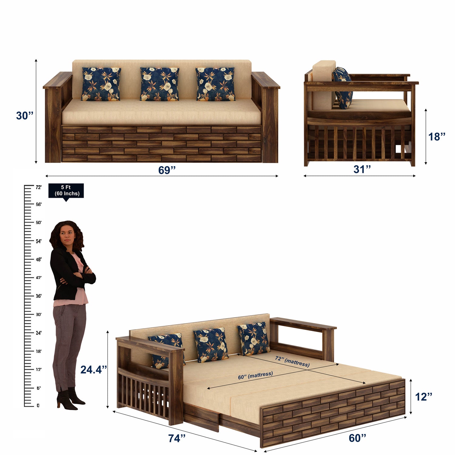 Italian Solid Sheesham Wood 3 Seater Sofa Cum Bed With Side Pockets and Fabric at Back- 3 years Warranty