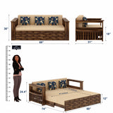 Italian Solid Sheesham Wood 3 Seater Sofa Cum Bed With Side Pockets and Fabric at Back- 3 years Warranty