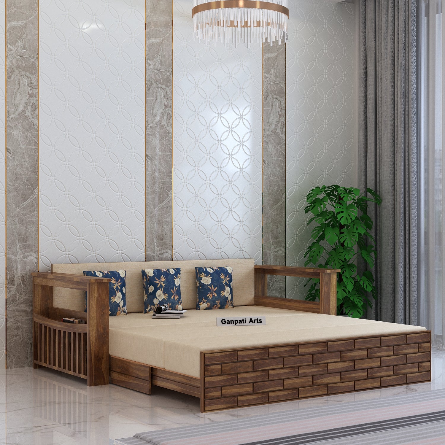 Italian Solid Sheesham Wood 3 Seater Sofa Cum Bed With Side Pockets and Fabric at Back- 3 years Warranty