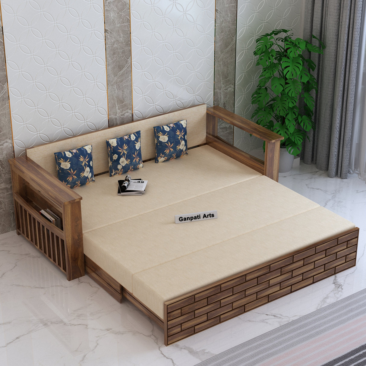 Italian Solid Sheesham Wood 3 Seater Sofa Cum Bed With Side Pockets and Fabric at Back- 3 years Warranty