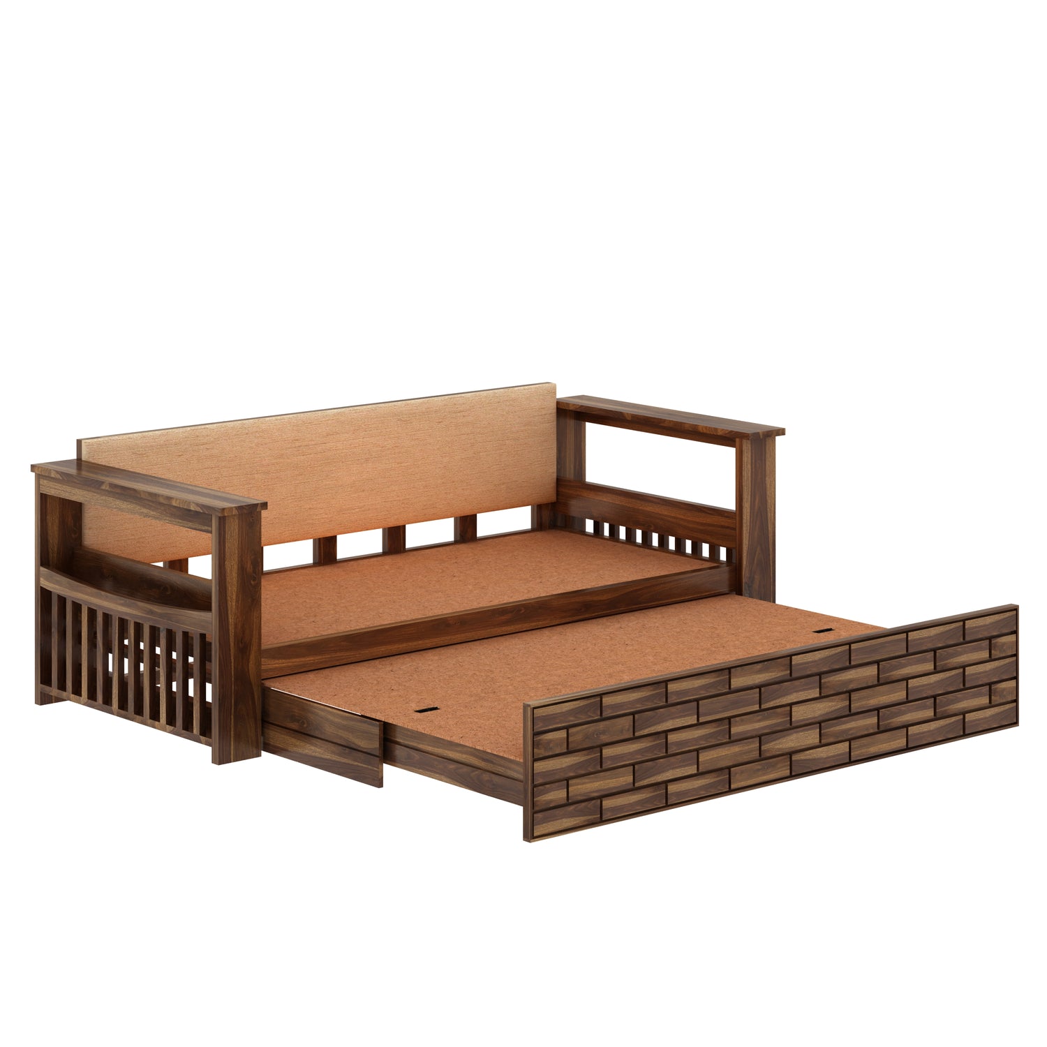 Italian Solid Sheesham Wood 3 Seater Sofa Cum Bed With Side Pockets and Fabric at Back- 3 years Warranty