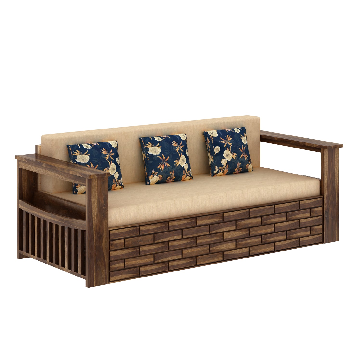 Italian Solid Sheesham Wood 3 Seater Sofa Cum Bed With Side Pockets and Fabric at Back- 3 years Warranty