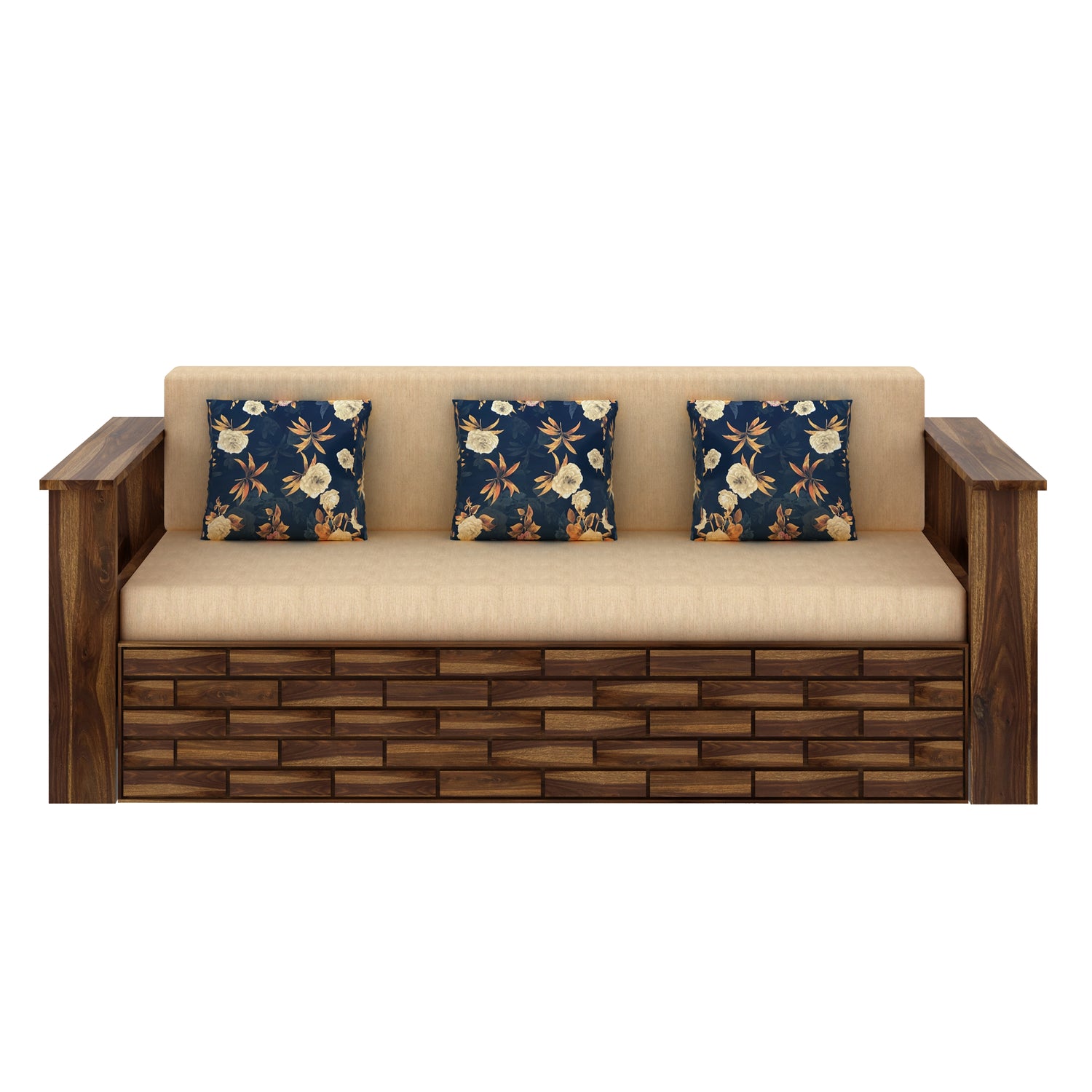 Italian Solid Sheesham Wood 3 Seater Sofa Cum Bed With Side Pockets and Fabric at Back- 3 years Warranty