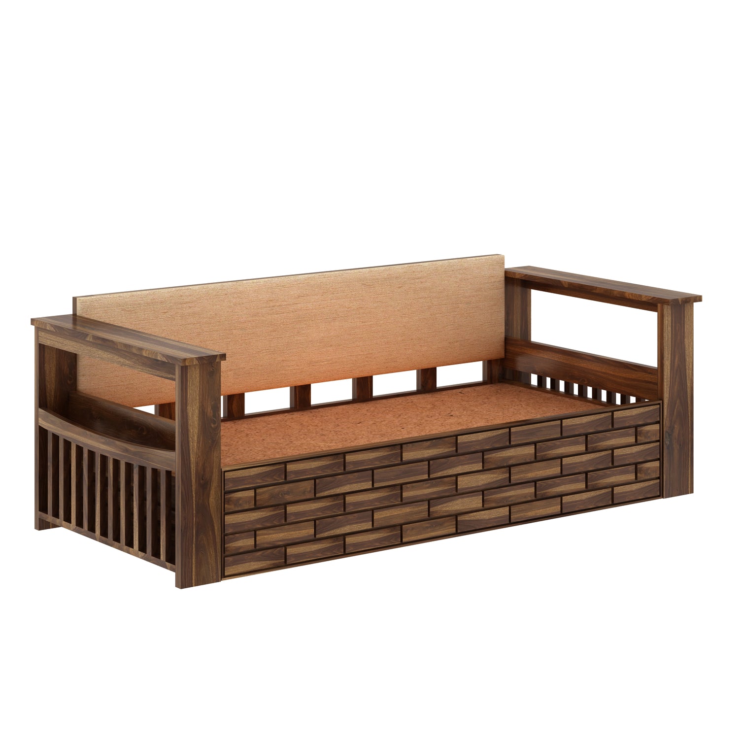 Italian Solid Sheesham Wood 3 Seater Sofa Cum Bed With Side Pockets and Fabric at Back- 3 years Warranty