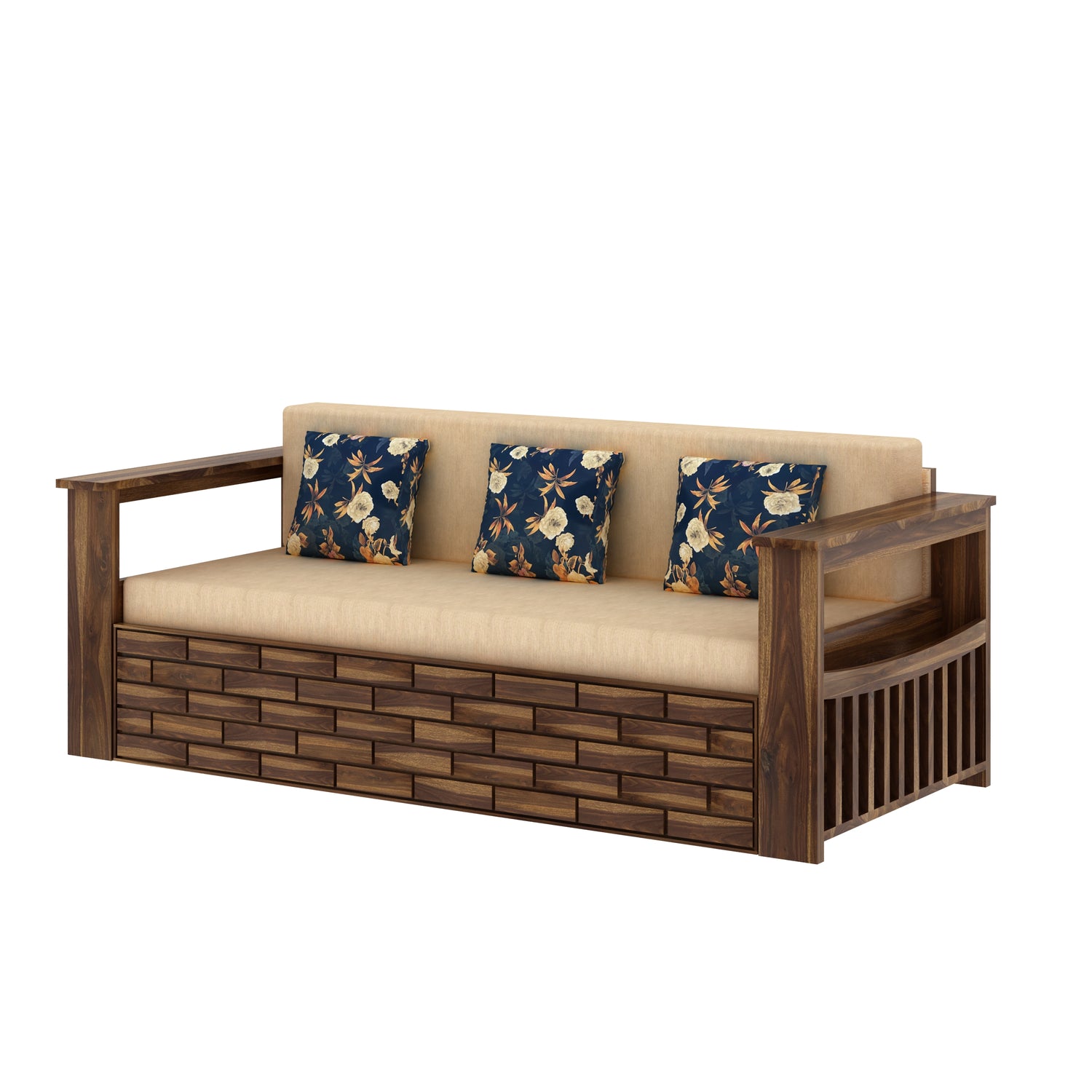 Italian Solid Sheesham Wood 3 Seater Sofa Cum Bed With Side Pockets and Fabric at Back- 3 years Warranty