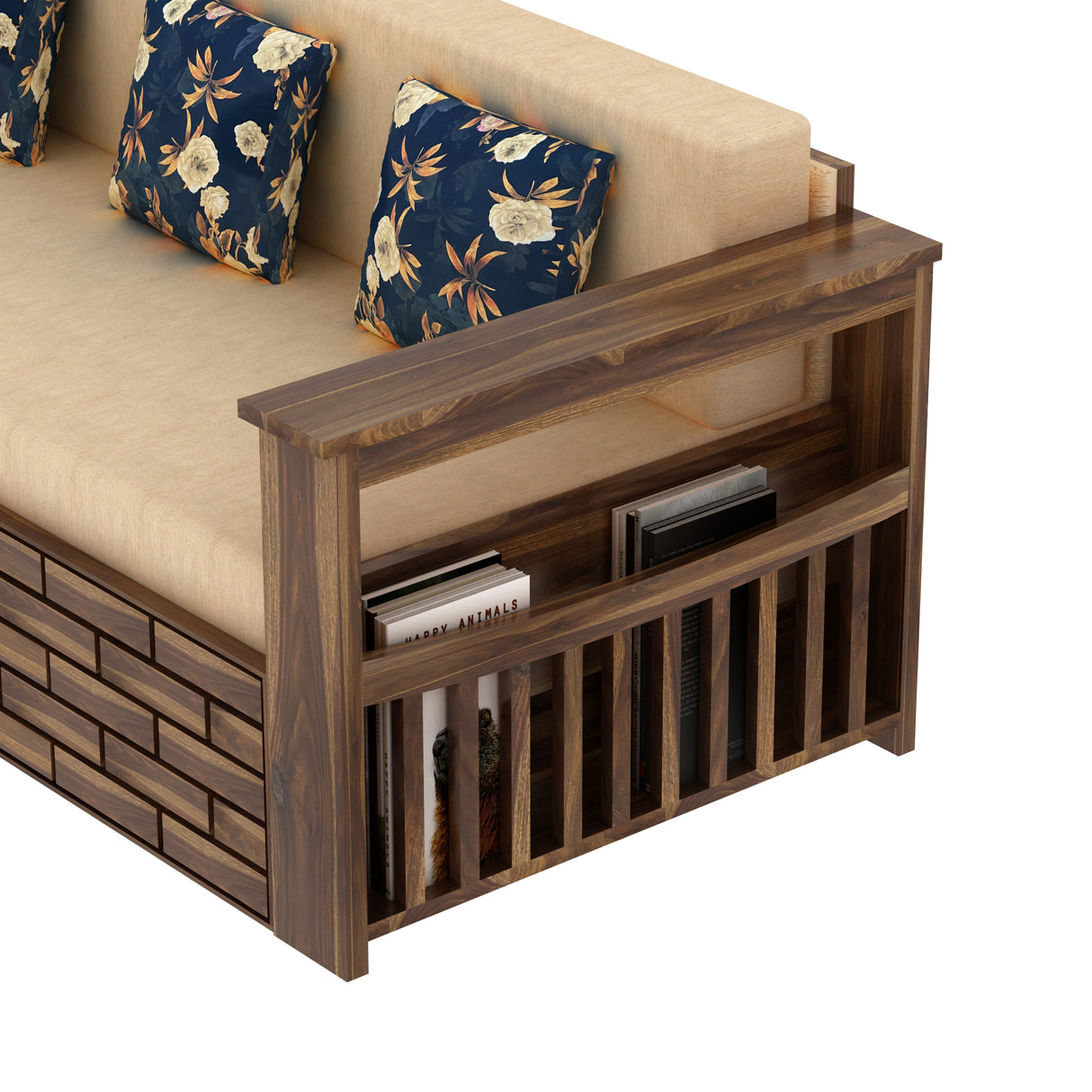 Italian Solid Sheesham Wood 3 Seater Sofa Cum Bed With Side Pockets and Fabric at Back- 3 years Warranty