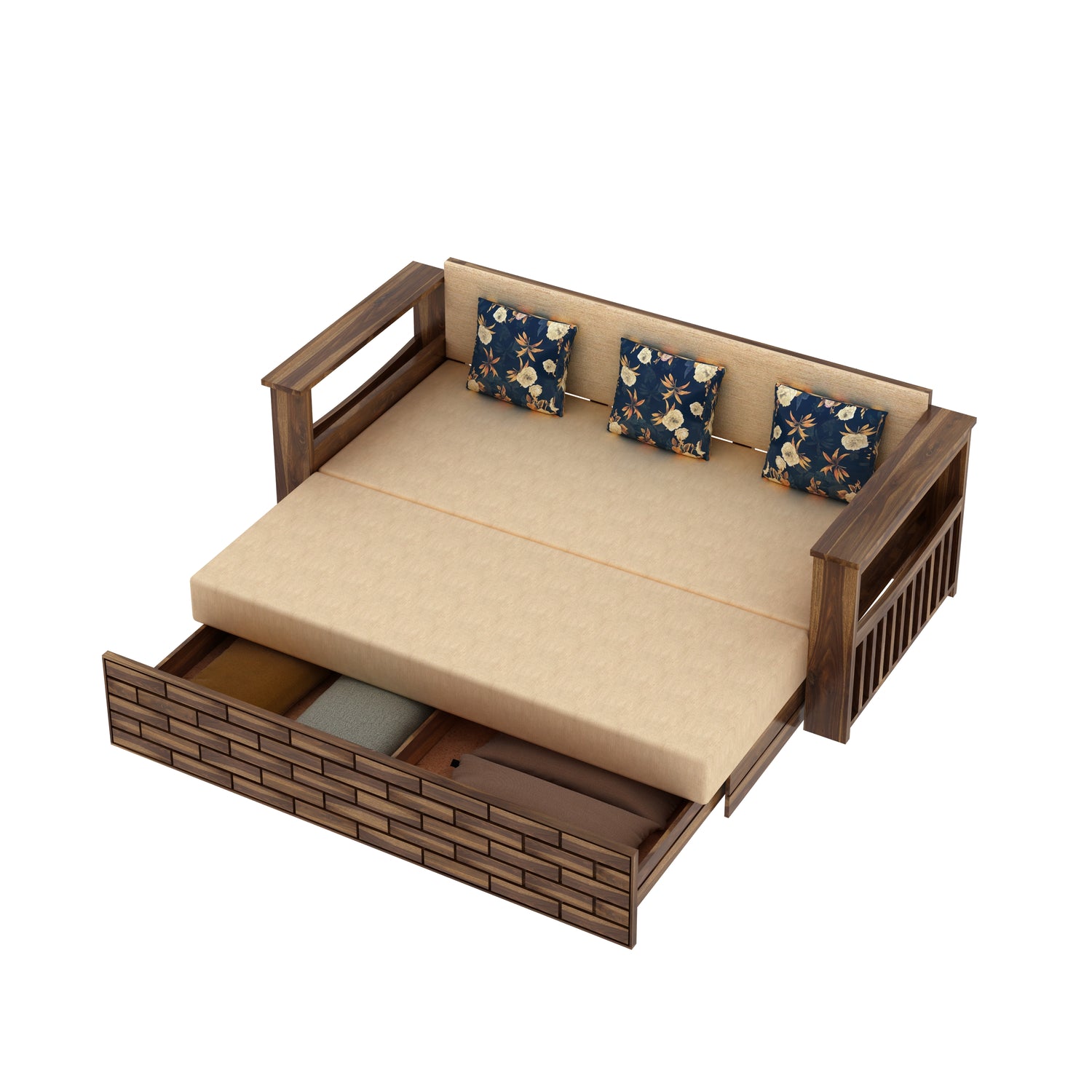 Italian Solid Sheesham Wood 3 Seater Sofa Cum Bed With Side Pockets and Fabric at Back- 3 years Warranty