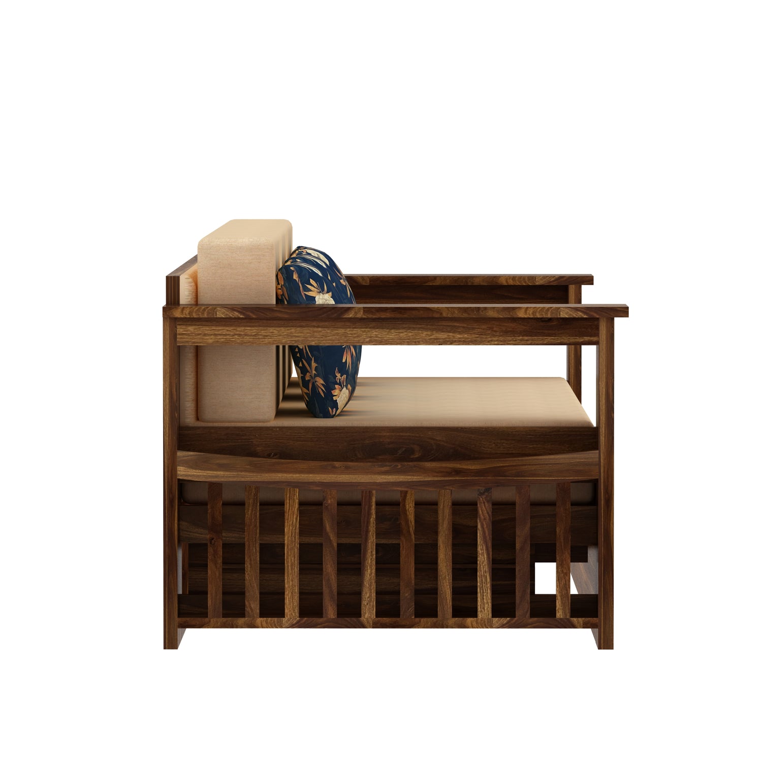 Italian Solid Sheesham Wood 3 Seater Sofa Cum Bed With Side Pockets and Fabric at Back- 3 years Warranty