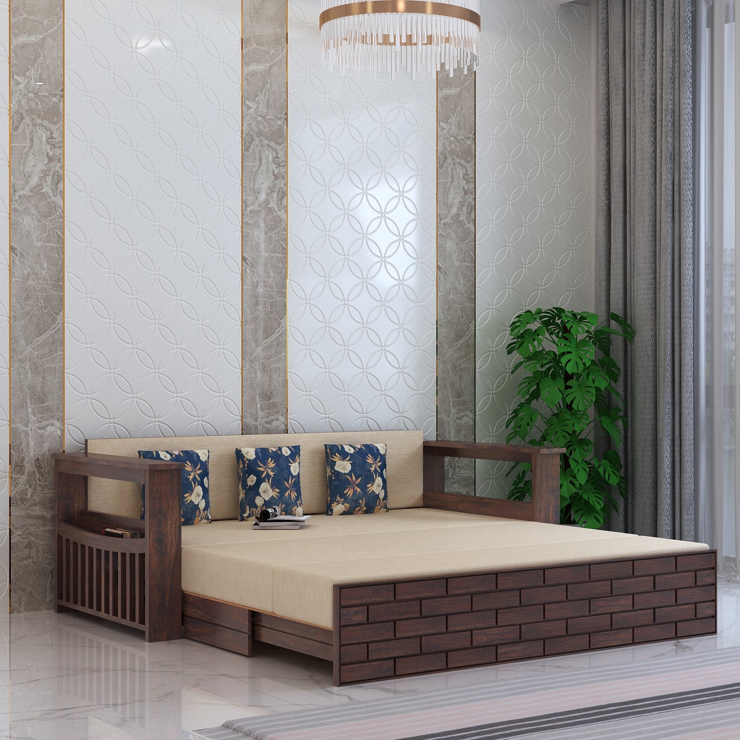 Italian Solid Sheesham Wood 3 Seater Sofa Cum Bed With Side Pockets and Fabric at Back- 3 years Warranty