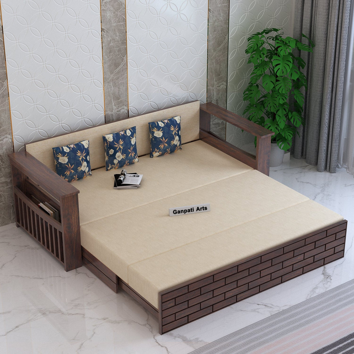 Italian Solid Sheesham Wood 3 Seater Sofa Cum Bed With Side Pockets and Fabric at Back- 3 years Warranty