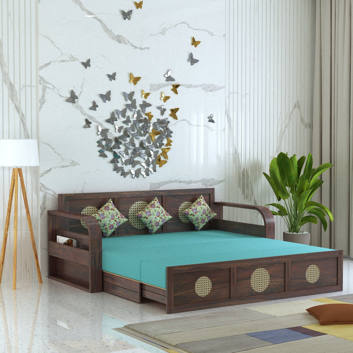 COSMOS Solid Sheesham Wood 3 Seater Sofa Cum Bed with Headboard Design - 3 years Warranty