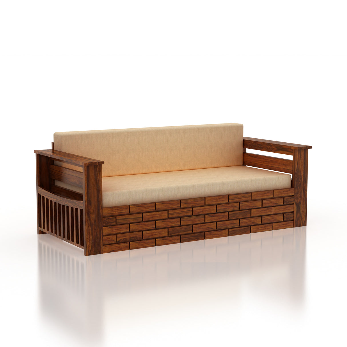 Italian Solid Sheesham Wood 3 Seater Sofa Cum Bed With Mini Storage and Side Pockets - 3 Years Warranty