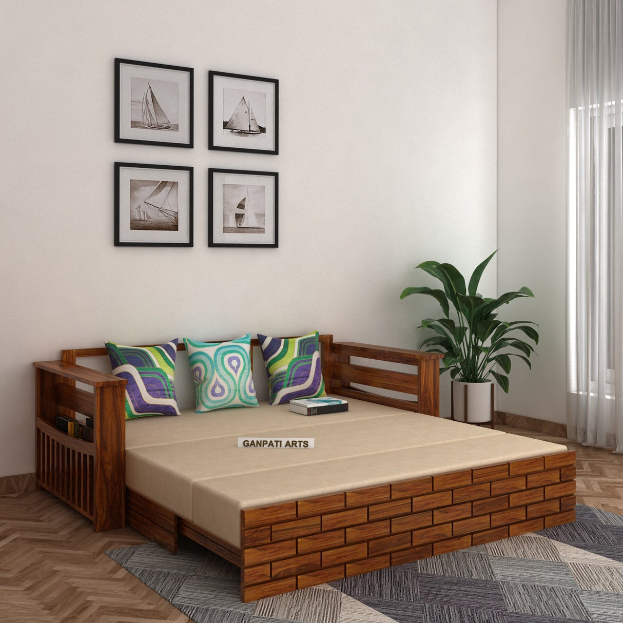 Italian Solid Sheesham Wood 3 Seater Sofa Cum Bed With Mini Storage and Side Pockets - 3 Years Warranty