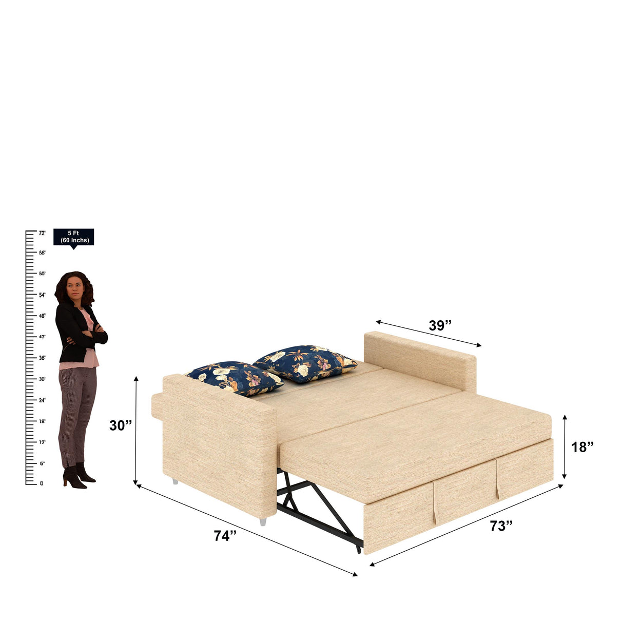 Victoria Fabric 3 Seater Pull Out Sofa Cum Bed(BEIGE) - 24 Months Warranty
