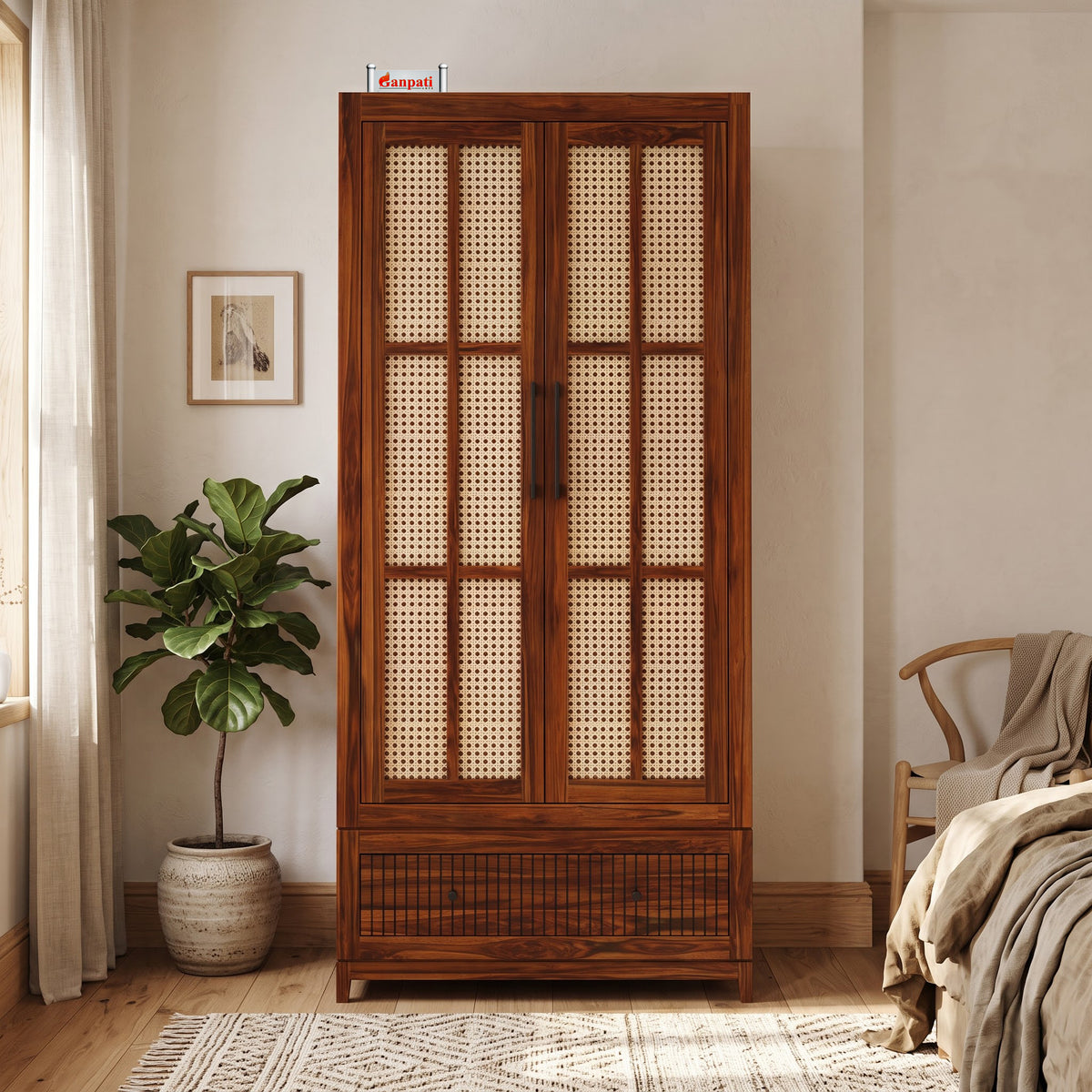 Martino Solid Sheesham Wood Wardrobe With Two Doors and Drawer - 3-Year Warranty