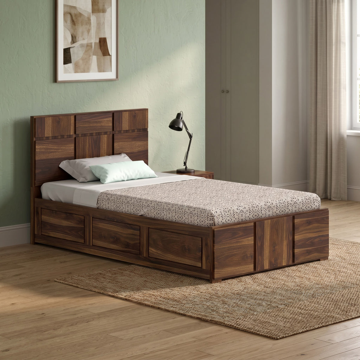 SCOTT Solid Sheesham Wood 4 Feet Bed With Box Storage - 3 Years Warranty