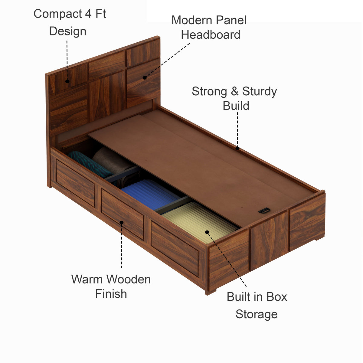 SCOTT Solid Sheesham Wood 4 Feet Bed With Box Storage - 3 Years Warranty
