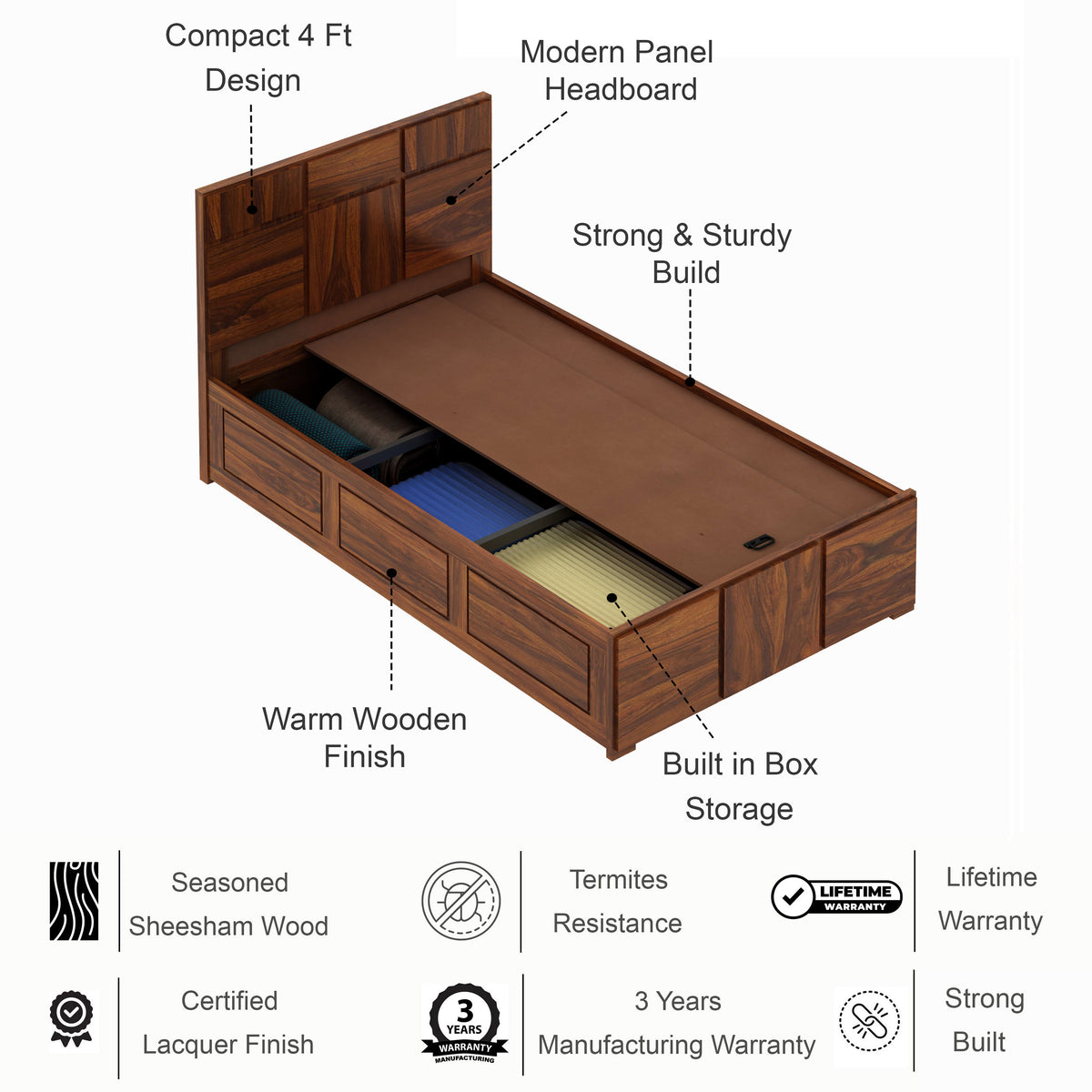 SCOTT Solid Sheesham Wood 4 Feet Bed With Box Storage - 3 Years Warranty