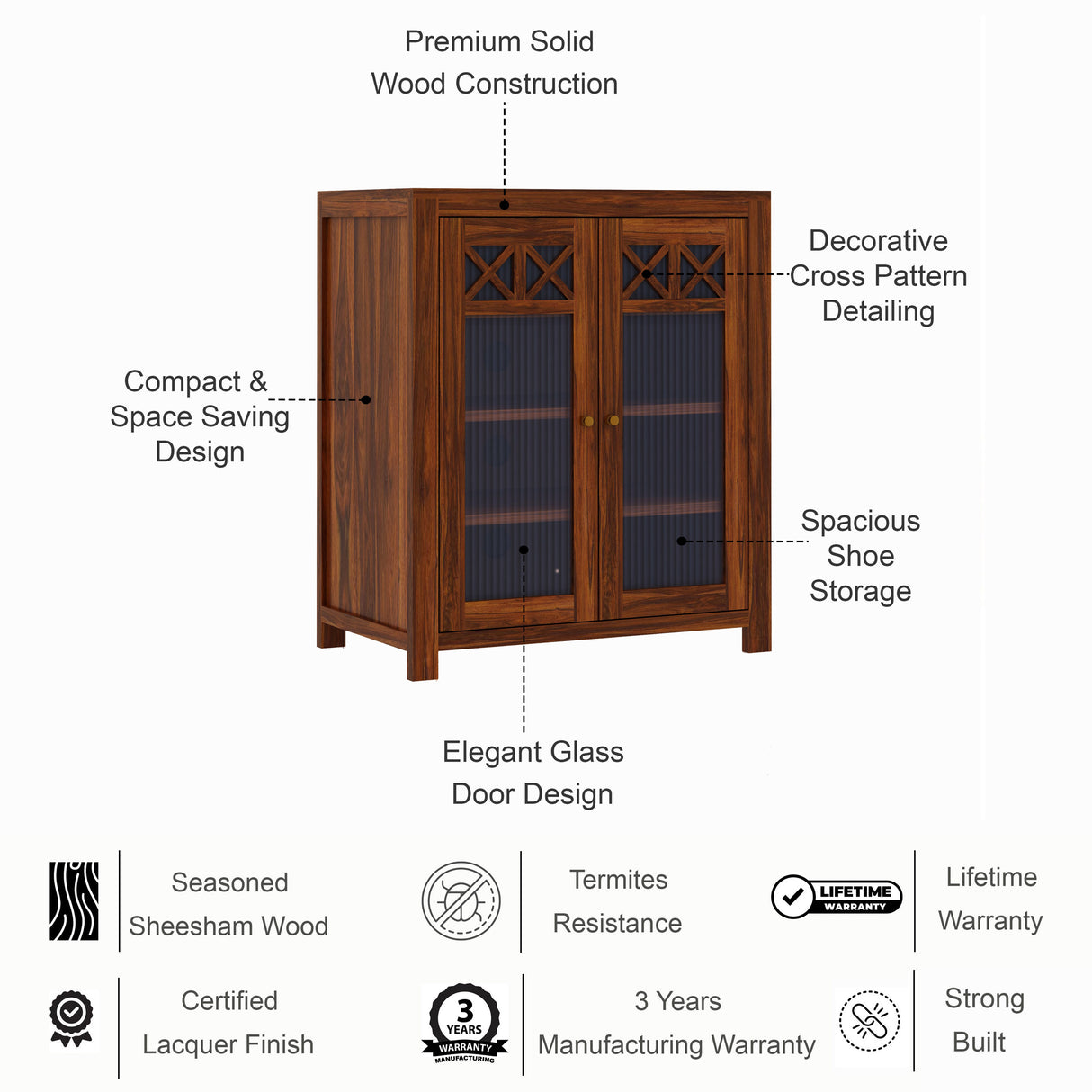 LYON Solid Sheesham Wood Shoe Rack Cabinet - 3 Years Warranty