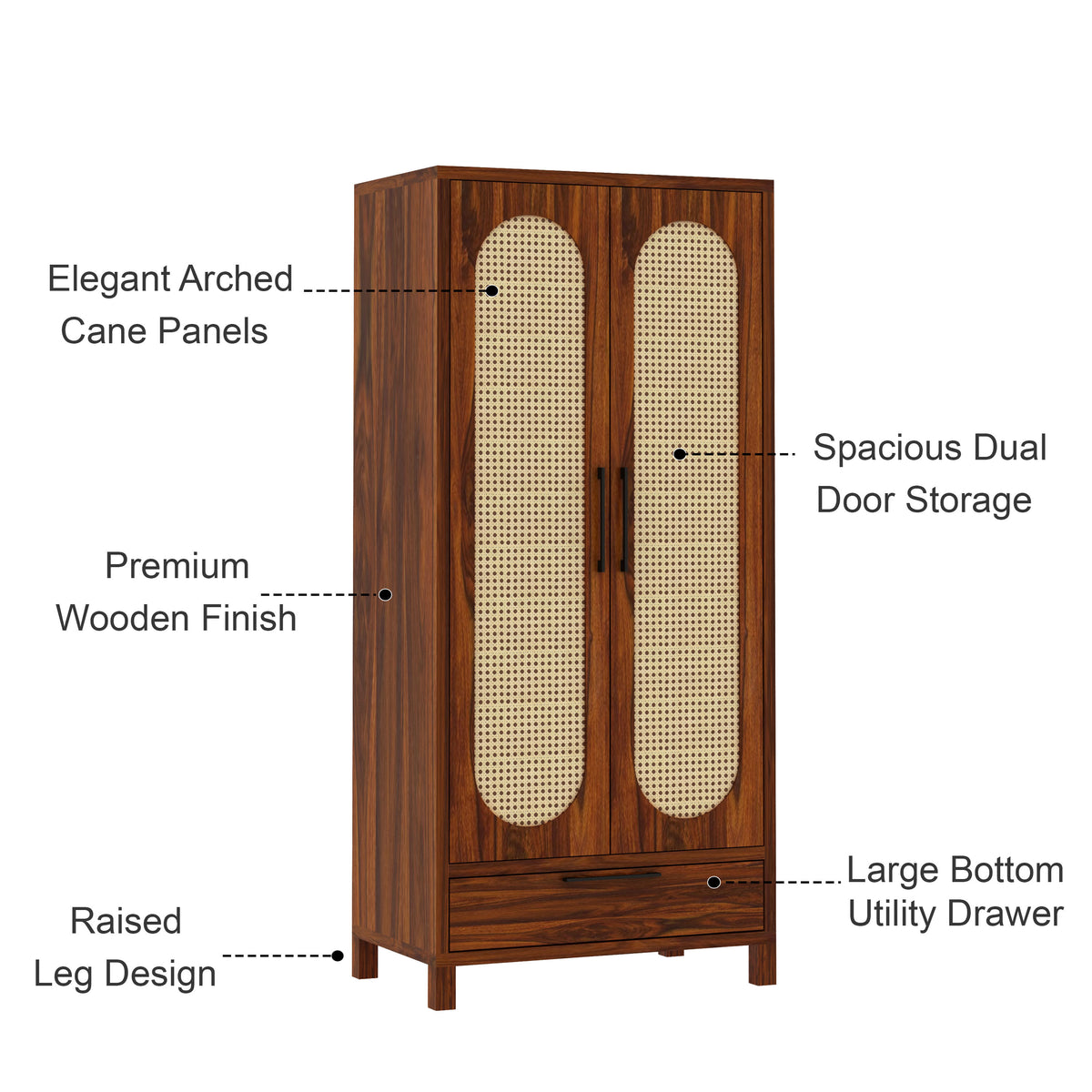 Naptune Solid Sheesham Wood Wardrobe With  Two Doors and Drawer - 3-Year Warranty
