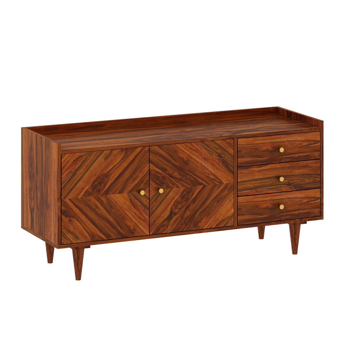 Wave Solid Sheesham Wood Sideboard Storage Unit With Two Doors and Three Drawers - 3 Years Warranty