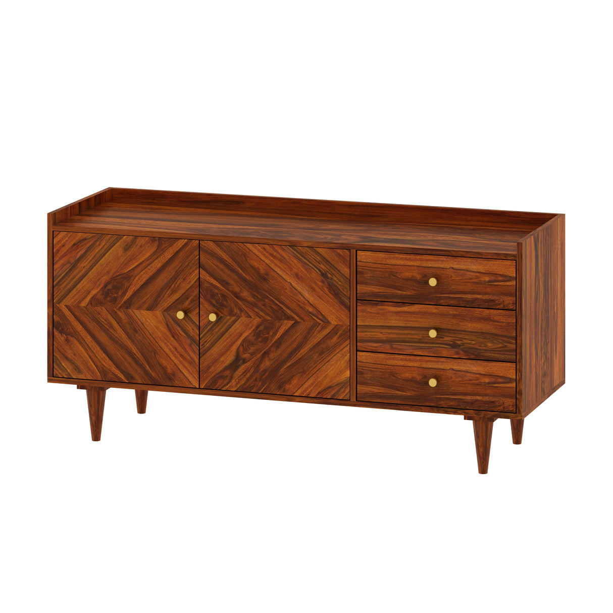 Wave Solid Sheesham Wood Sideboard Storage Unit With Two Doors and Three Drawers - 3 Years Warranty
