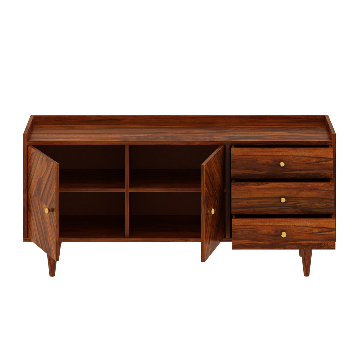 Wave Solid Sheesham Wood Sideboard Storage Unit With Two Doors and Three Drawers - 3 Years Warranty