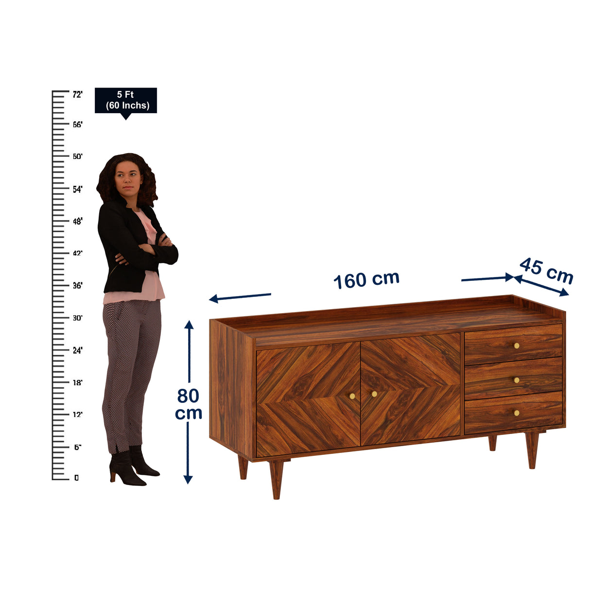Wave Solid Sheesham Wood Sideboard Storage Unit With Two Doors and Three Drawers - 3 Years Warranty