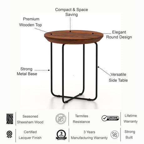 Spire Solid Sheesham Wood End Table With Iron Stand - 3 Years Warranty