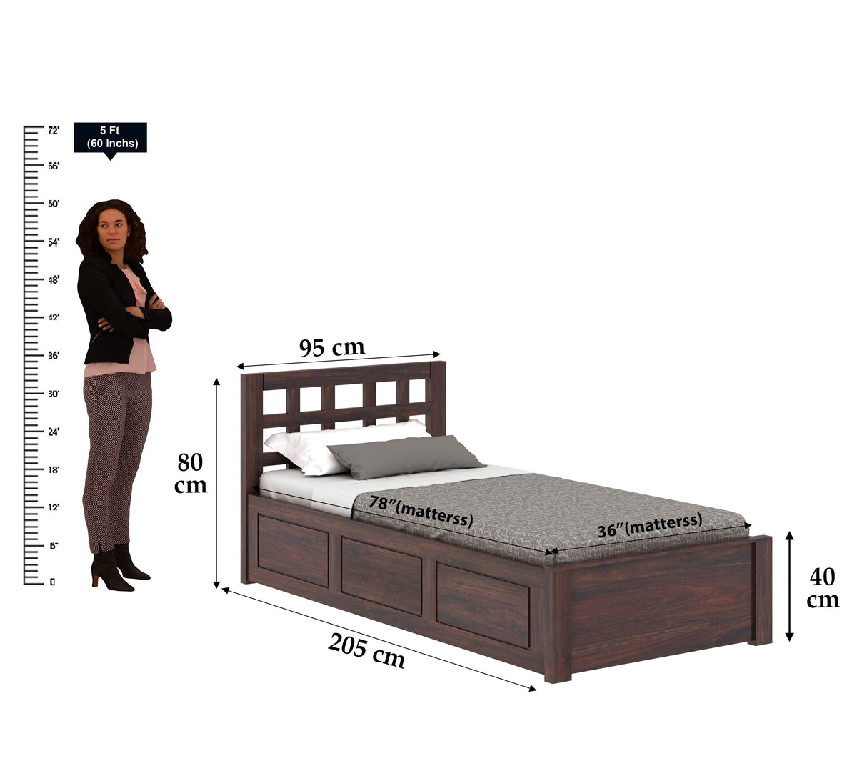 Simons Solid Sheesham Wood Single Bed With Box Storage - 3 Years Warranty