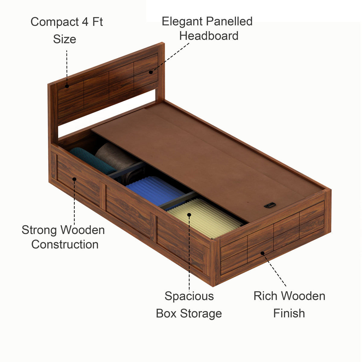 SKYLER Solid Sheesham Wood 4 Feet Bed With Box Storage - 3 Years Warranty