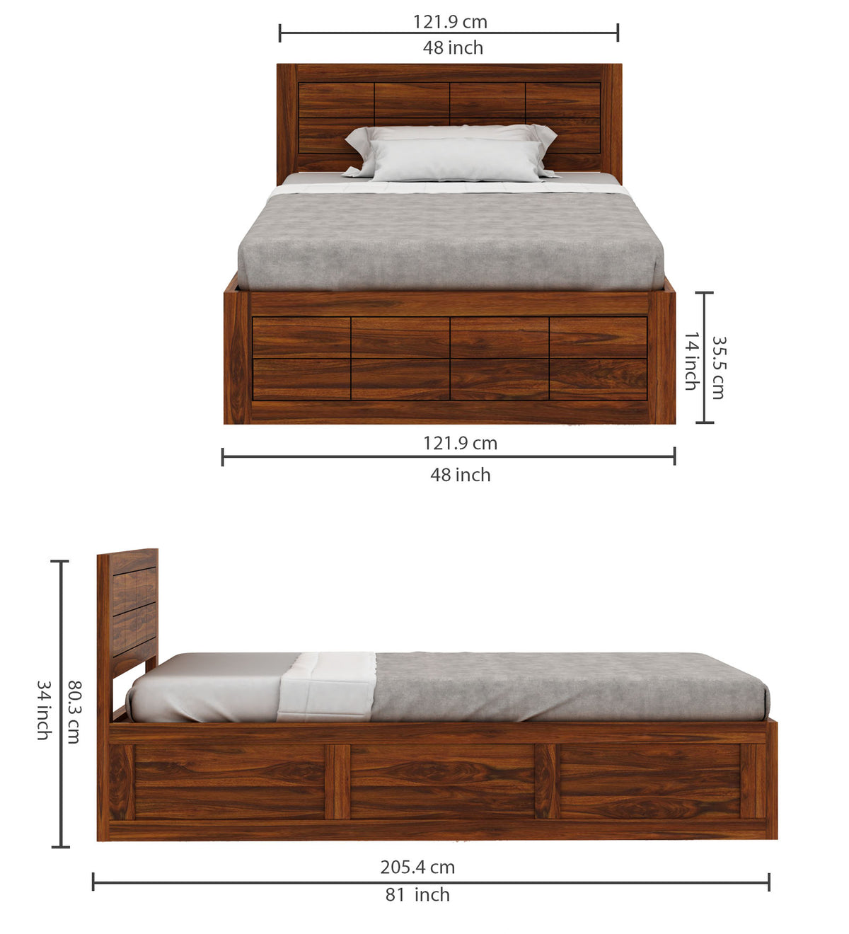 SKYLER Solid Sheesham Wood 4 Feet Bed With Box Storage - 3 Years Warranty