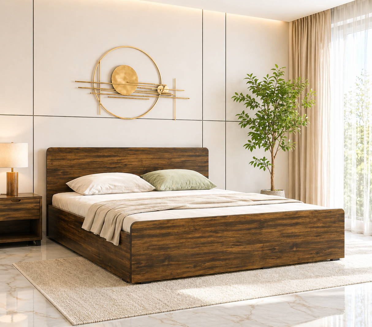 SMITH Engineered Wood Bed with Box Storage (Walnut) - 12 Months Warranty