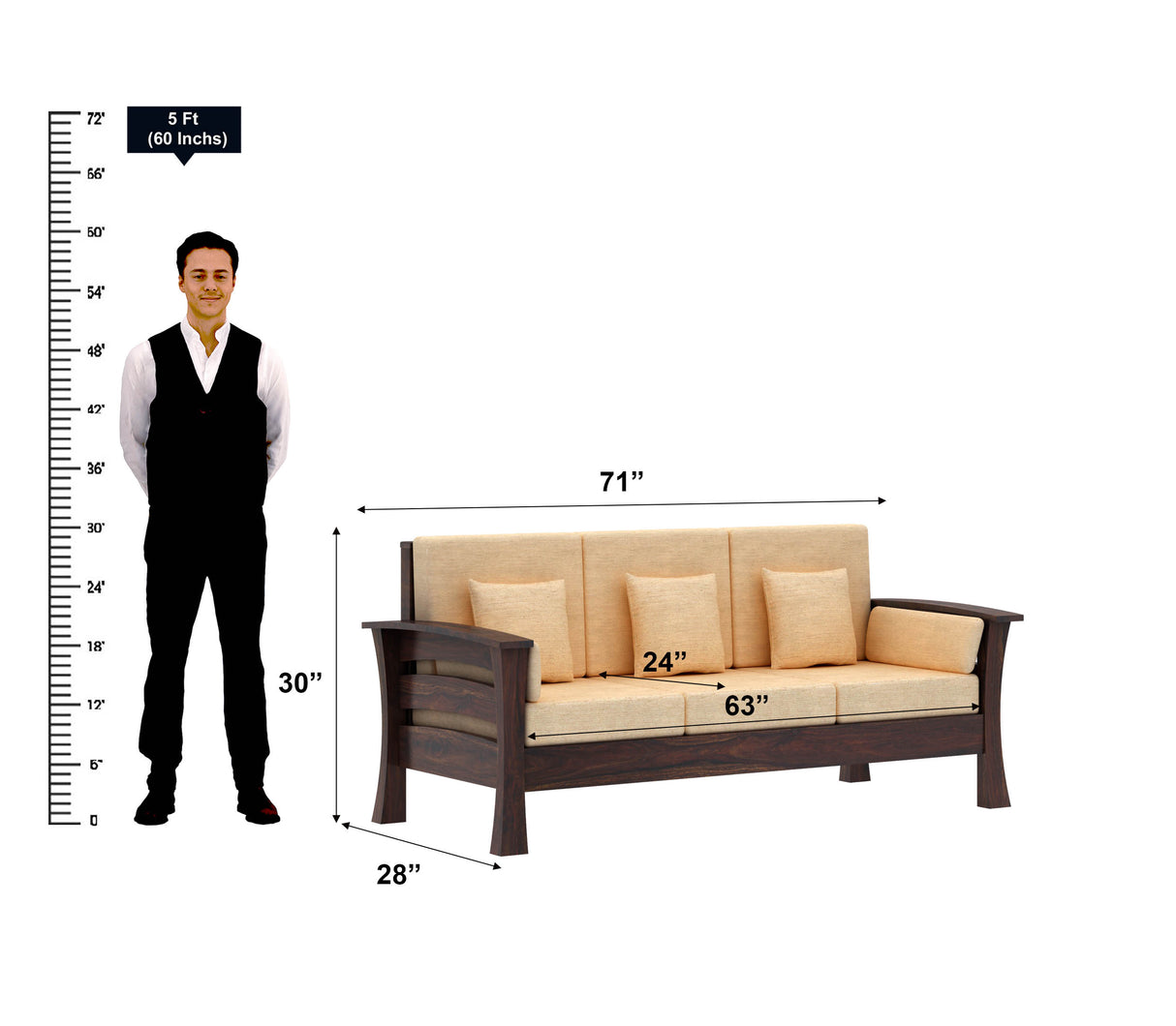 Nirvana Solid Sheesham Wood 3 Seater Sofa With Side Pockets - 3 years Warranty