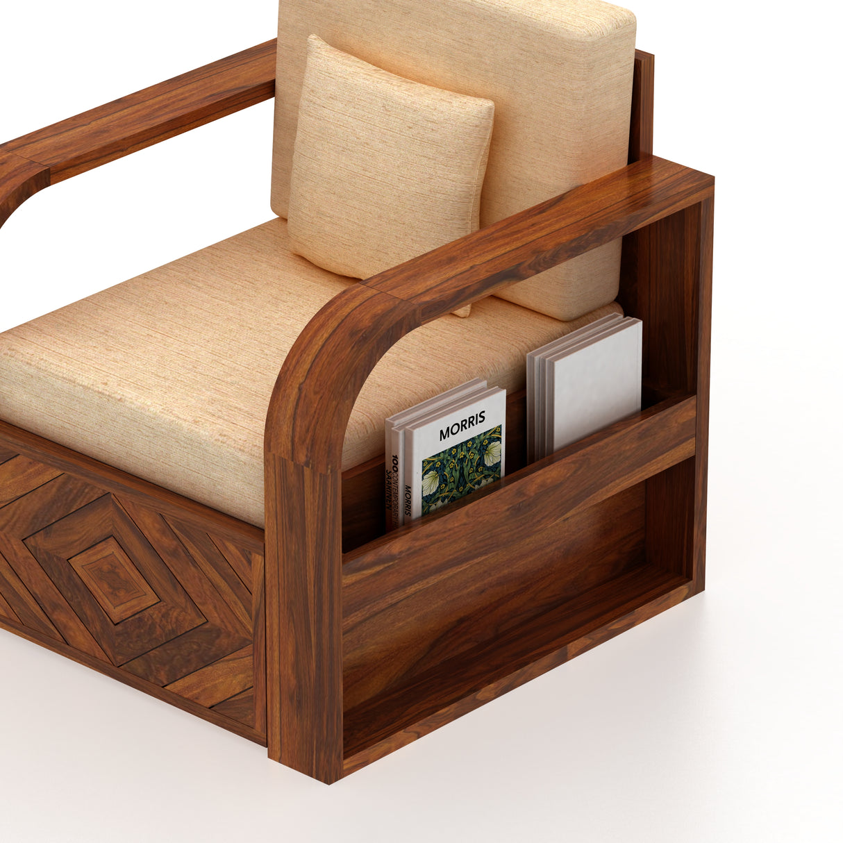 Wave Solid Sheesham Wood Single Seater Sofa With Side Pockets - 3 Years Warranty