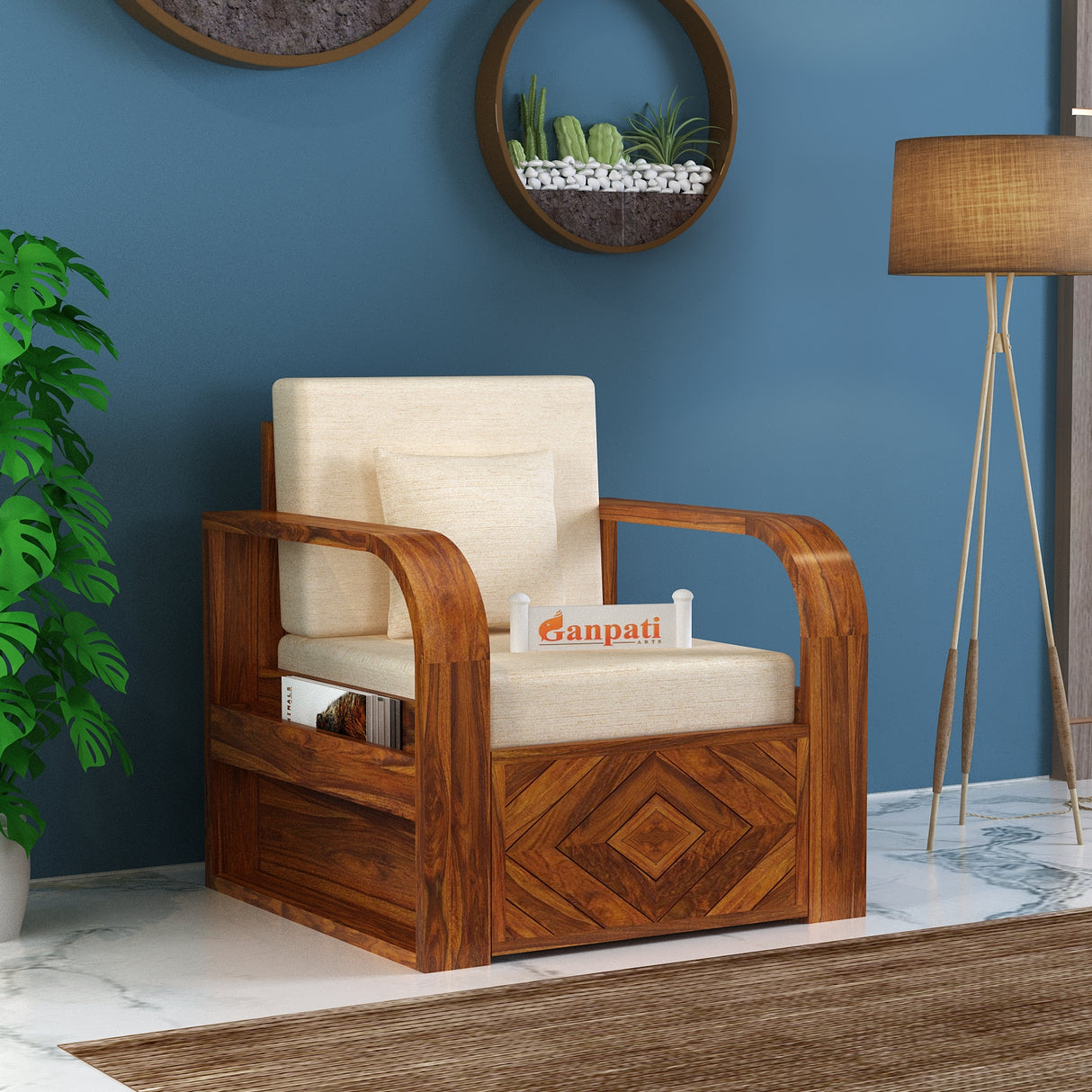 Wave Solid Sheesham Wood Single Seater Sofa With Side Pockets - 3 Years Warranty