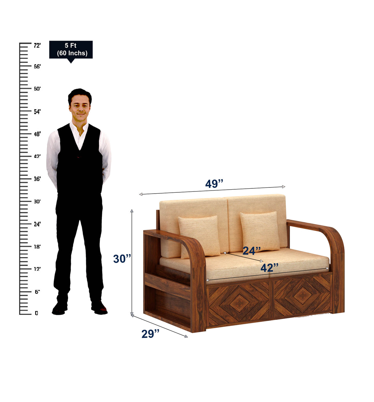 Wave Solid Sheesham Wood 5 Seater Sofa Set 3+2 - 3 Years Warranty