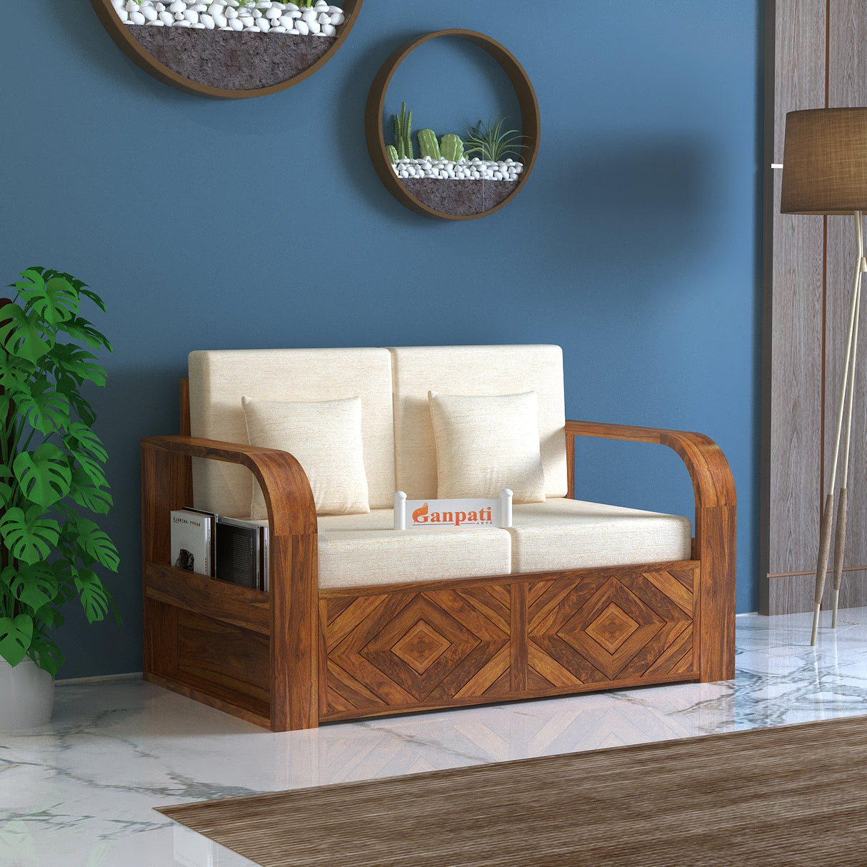 Wave Solid Sheesham Wood 2 Seater Sofa With Side Pockets - 3 Years Warranty