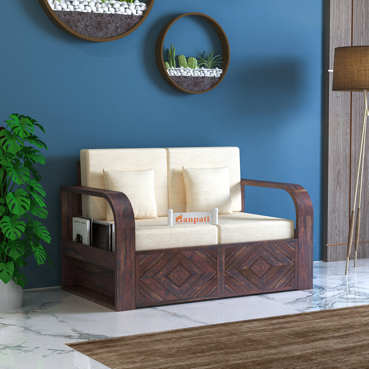 Wave Solid Sheesham Wood 2 Seater Sofa With Side Pockets - 3 Years Warranty