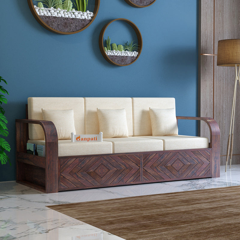 Wave Solid Sheesham Wood 3 Seater Sofa With Side Pockets - 3 Years Warranty