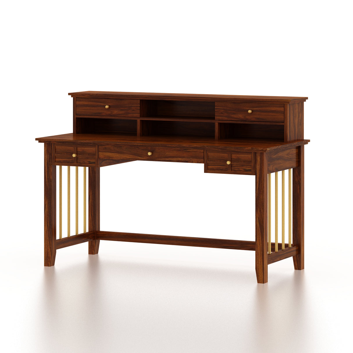 Edin Solid Sheesham Wood Study Table With Storage and Brass Detailing - 3 Years Warranty