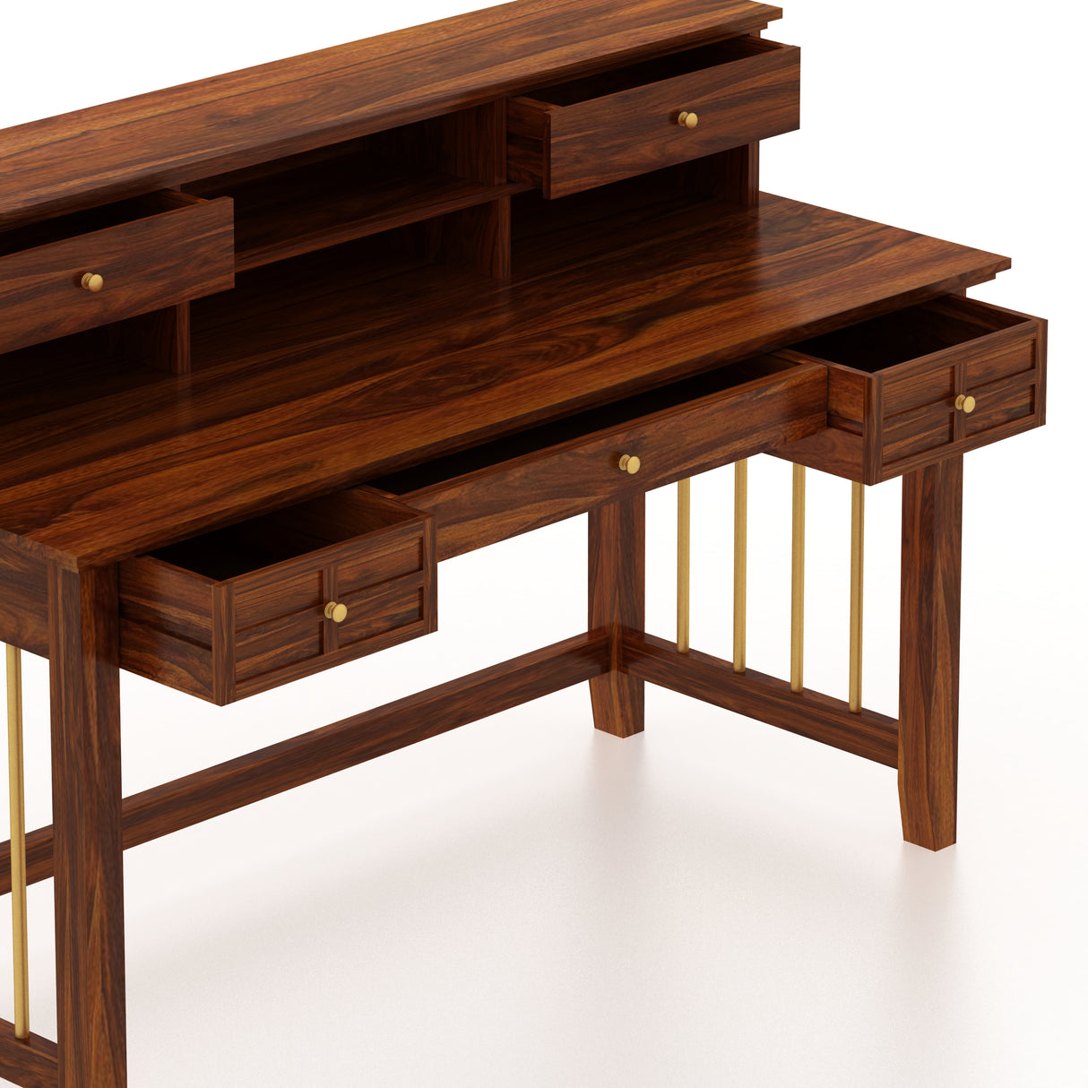 Edin Solid Sheesham Wood Study Table With Storage and Brass Detailing - 3 Years Warranty