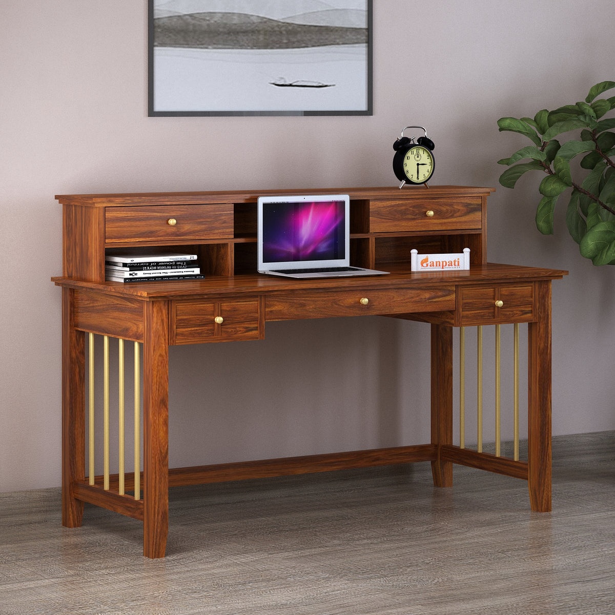 Edin Solid Sheesham Wood Study Table With Storage and Brass Detailing ...