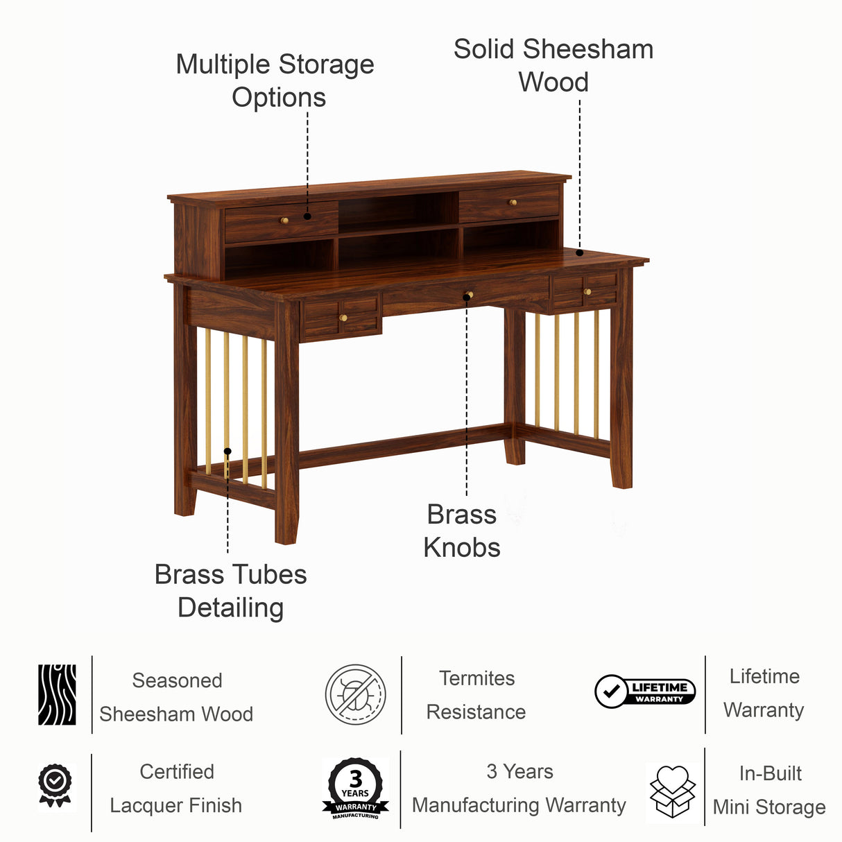 Edin Solid Sheesham Wood Study Table With Storage and Brass Detailing - 3 Years Warranty