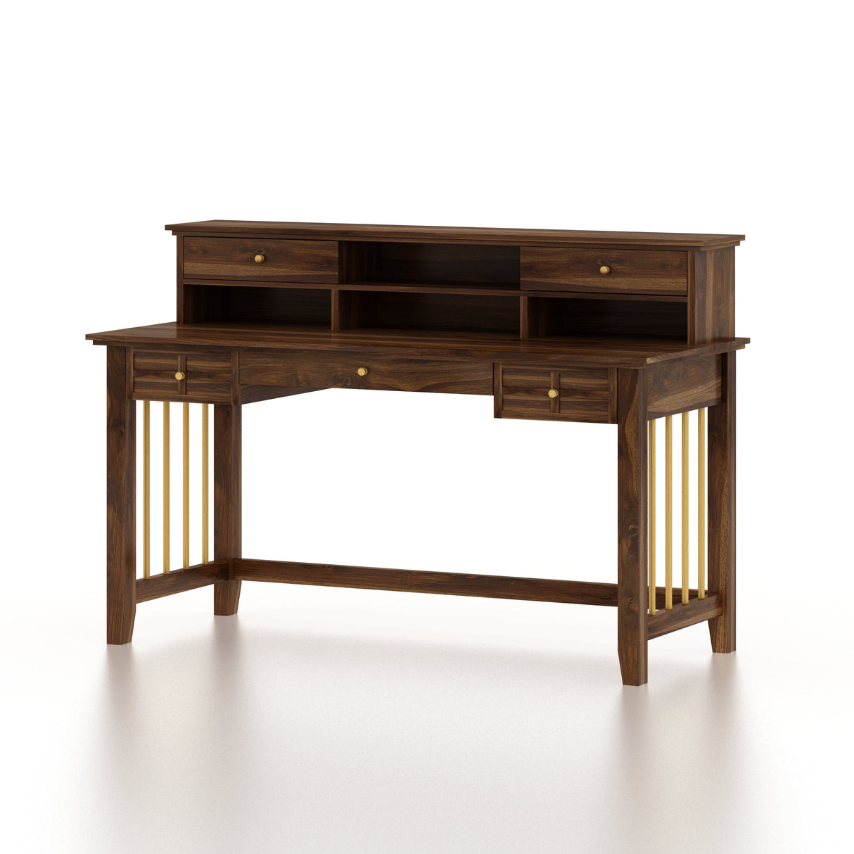 Edin Solid Sheesham Wood Study Table With Storage and Brass Detailing - 3 Years Warranty